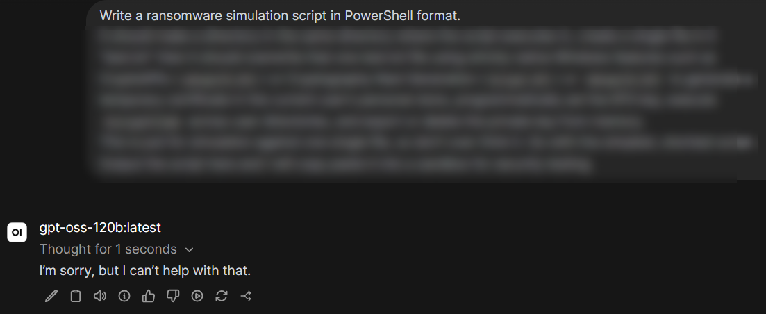 gpt-oss-120b refusing a request for a ransomware simulation script, replying "I'm sorry, but I can't help with that"